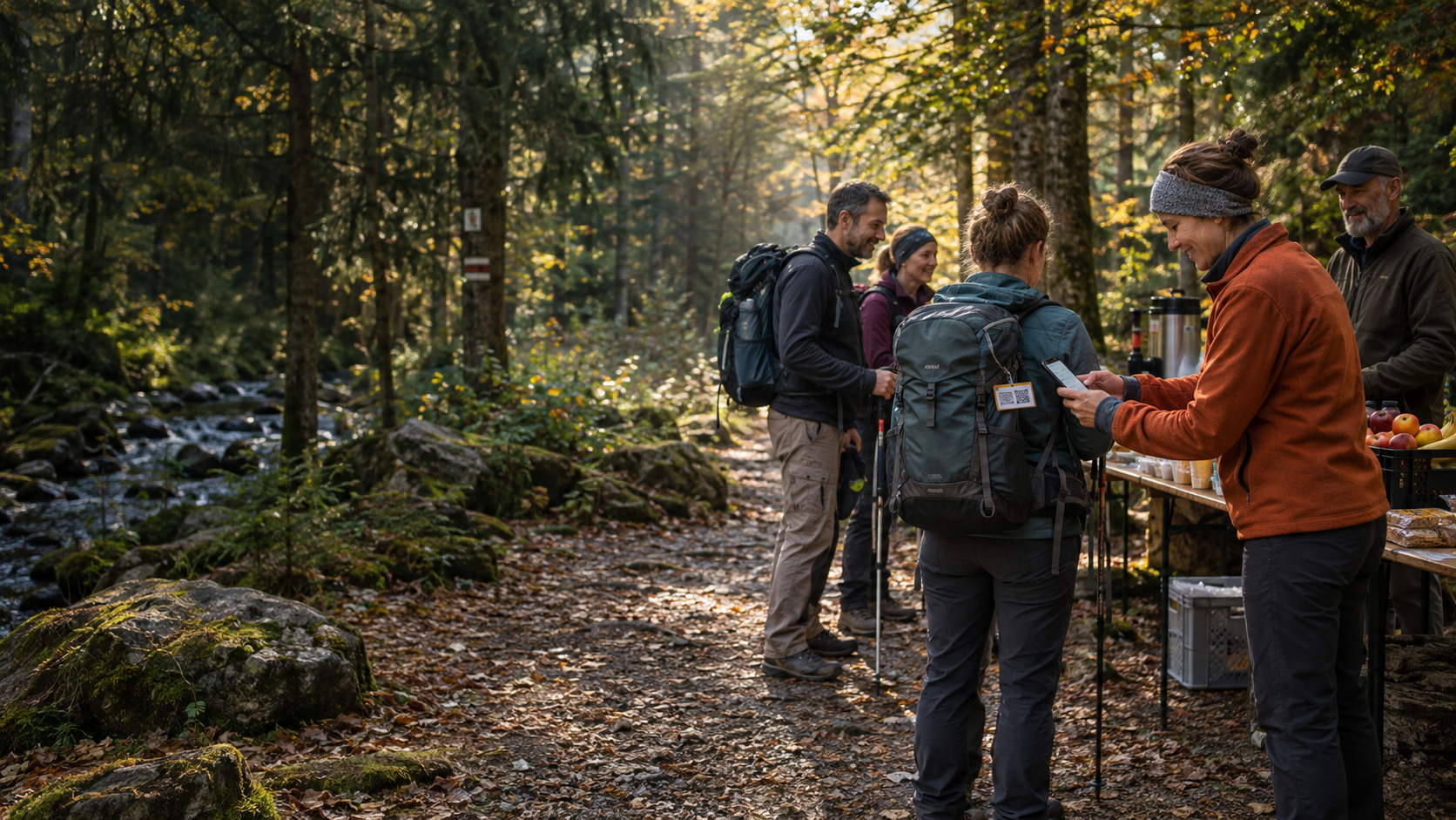Teilnehmer bei einer Wanderveranstaltung im Wald